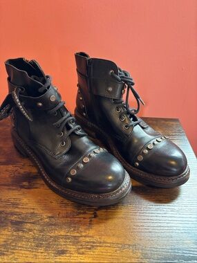 Black Studded Leather Combat Boots - Women